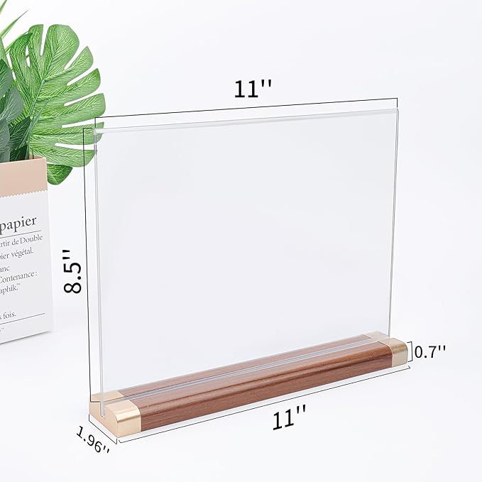 Acrylic Sign Holder 8.5 x 11 with Wood Color Base, 3 Pack Clear Tabletop Double-Sided T Shape Display Sign Frame Horizontal for Store/Coffee Shop/Office/Hotel Business Display Holder