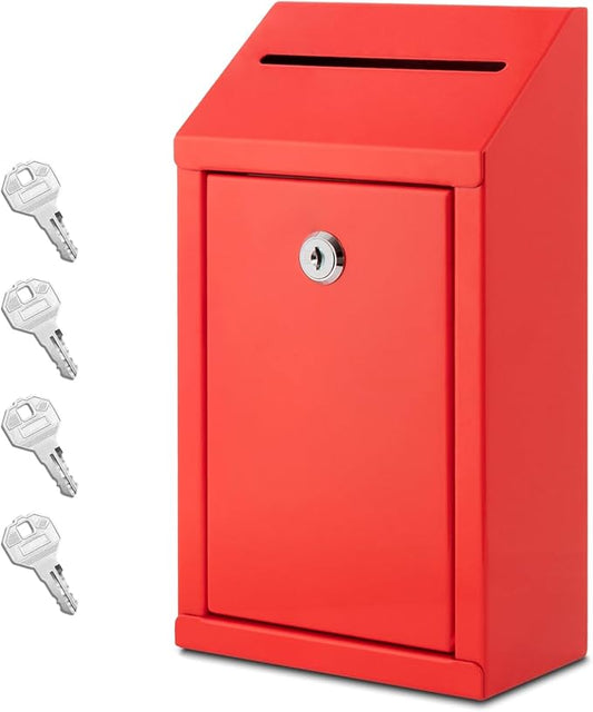 Metal Donation Box with Lock, Wall Mounted, Suggestion Box with 4 Iron Keys, Red, Cash Drop Box with Slot, 1-Pack