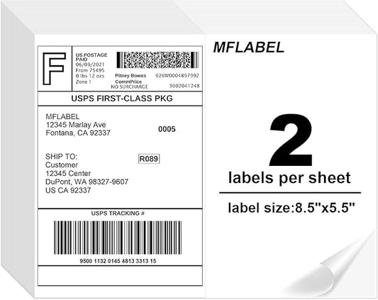 MFLABEL Half Sheet Shipping Labels 8.5x11 Inch - No Cut Needed! Self-Adhesive 8.5"x5.5" Labels for Laser/Inkjet (2000 Sheets = 4000 Labels) + Free 192 Fragile Stickers - FBA, UPS, FedEx