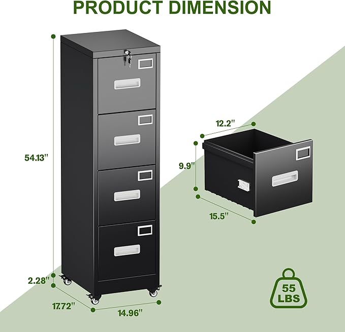 Aobabo File Cabinet 4 Drawer with Wheels, Lockable Office Metal Filing Cabinet with Name Card for Office and Home,Assembly Required,Black