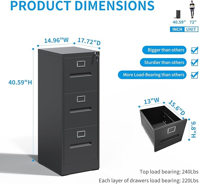 3 Drawer File Cabinet with Lock, Vertical Metal Filing Storage Cabinet for Home Office, Steel Locking File Cabinets for A4 Legal/Letter Folders,Silent Sliding Drawers, Assembly Required (Black)