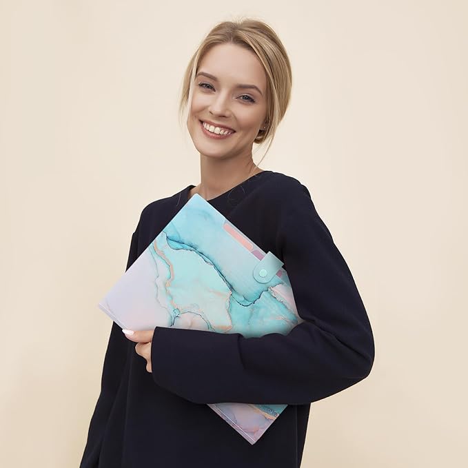 SKYDUE 5 Pockets Expanding File Folder, File Folders, Cute Accordion File Organizer with Labels (1 Pack, Lightblue)