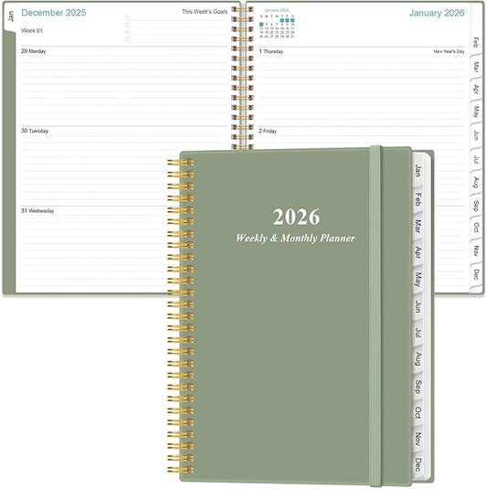 2026 Planner - Planner 2026 from January 2026 to December 2026 with 12 Monthly Tabs, Flexible Cover, Inner Pocket, 8.5" x 11", Green-B