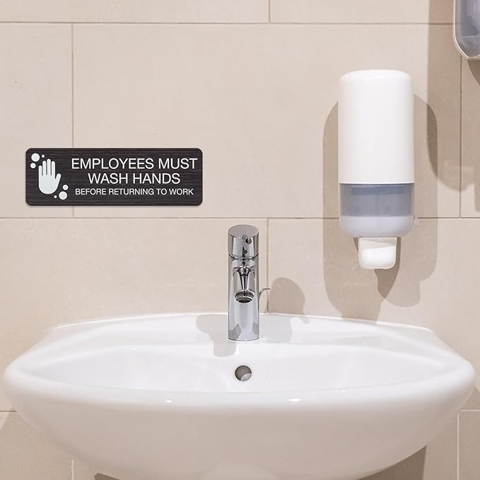 SBLABELS Employees Must Wash Hands Indoor Easy Adhesive Mount Door and Wall Sign for Restaurants and Small Businesses 3" x 9" - Dark Wood