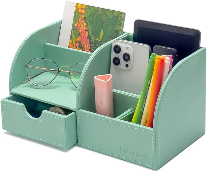 UnionBasic Desk Organizer - Multifunctional Leather Desktop Pen Holder Storage Box - Business Card/Pen/Pencil/Mobile Phone/Stationery Holder, Mint Green