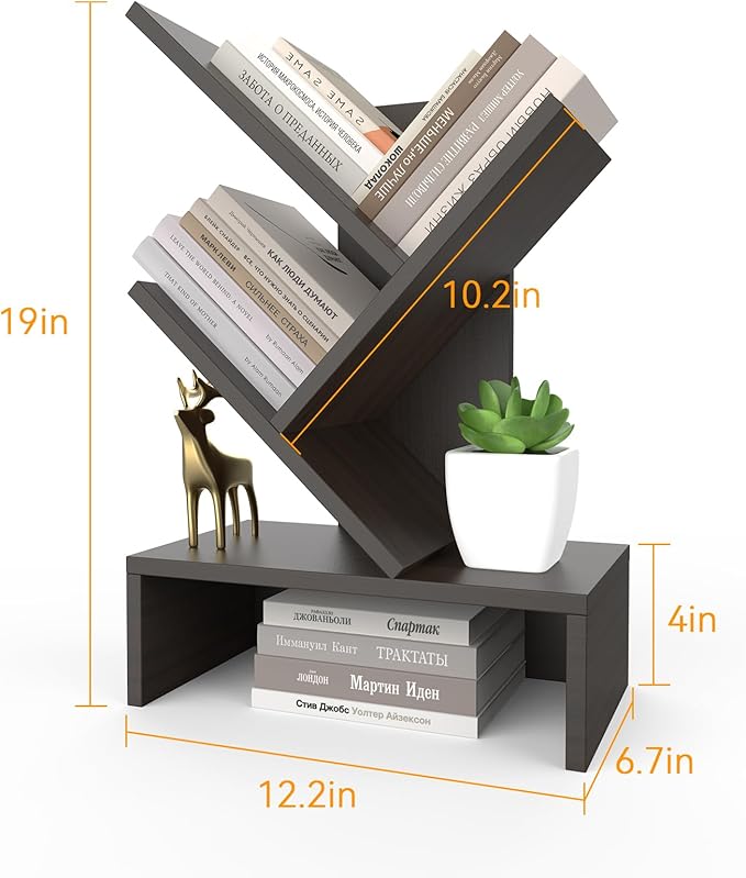 Godferyxin Tree Bookshelf with Drawer,Wood Desk Bookshelf for School,Office,Small Book Shelf Storage Rack for Decor,Bedrooms,Living Rooms Mini Shelf