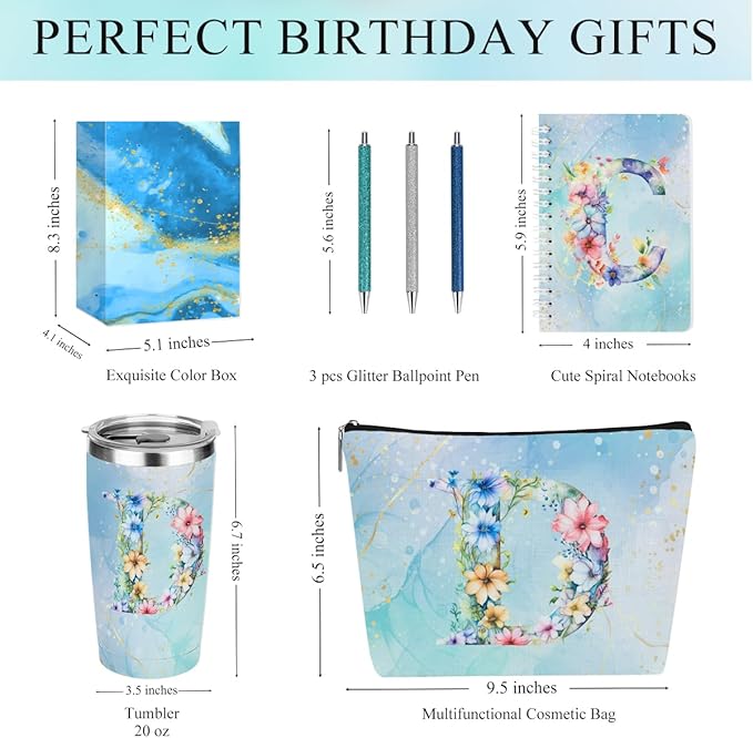 Personalized Gifts Monogrammed Birthday Gifts for Women, Boss Teacher Appreciation Christmas Initial 20 oz Tumbler, Makeup Bag Cup Ballpoint Pens Journal Notebook 6 Set, (Aesthetic Blue Flower D)