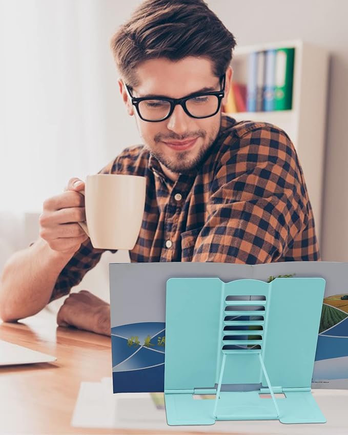 MSDADA Desk Book Stand Metal Reading Rest Book Holder Adjustable Cookbook Documents Holder Portable Sturdy Bookstands for Recipes Textbooks Tablet Music Books with Page Clips (Light Lake Green)