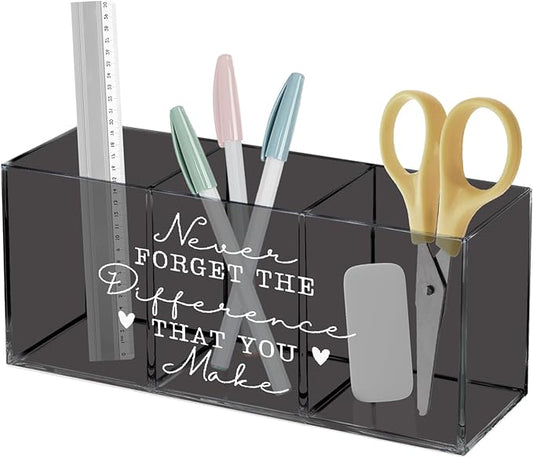 Never Forget the Difference You Make Acrylic Pen Pencil Holder Organizer for Office Desk Accessories, Thank You Appreciation Gifts for Teacher Mentor Boss Coworkers Pen Pencil Holder for Desk