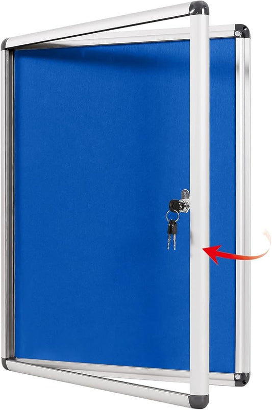 SWANCROWN Lockable Notice Board Tamperproof Enclosed Display Board for Home Office School,Wall-Mounted,Blue Fabric,26x20inch(4xA4)