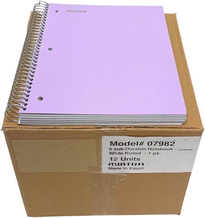 Mintra Office Durable Spiral Notebooks, 5 Subject (Lavender, Wide Ruled 12pk)