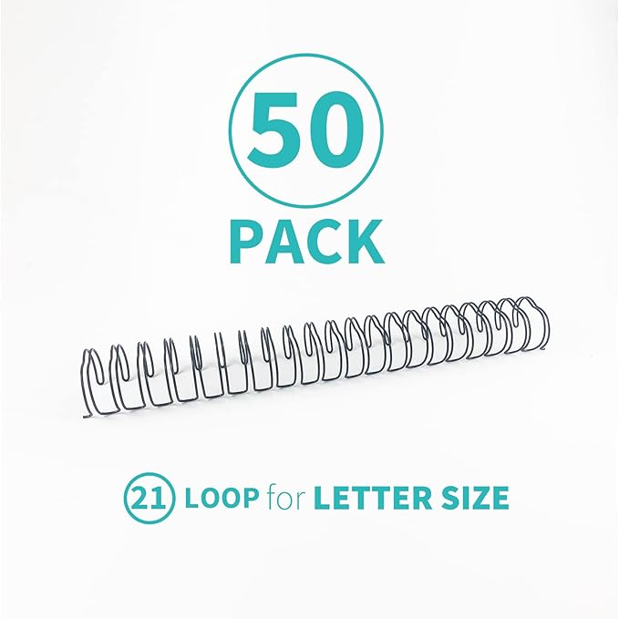 Binditek 50 Pack Double Loop Wire Binding Spines, 5/8Inch Binding Wire for Letter Size, 2:1 Pitch, 140 Sheet Capacity, 21-Loop, Black, for Students and Coworkers
