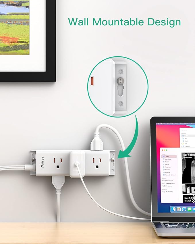 Surge Protector Power Strip - 9 Widely Spaced Multi Outlets, Wall Mount, 3 Side Outlet Extender with Extension Cord, Flat Plug, Overload Protection, Home Office Dorm Room Essentials (15FT, White)