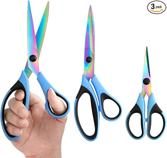 Scissors All Purpose, Sharp Titanium Blades Shears, Rubber Comfort Grip Handle, Multipurpose scissors 3 pack, Great for Office, Fabric, Craft, Sewing, Arts, School and Home Supplies, Black&Blue