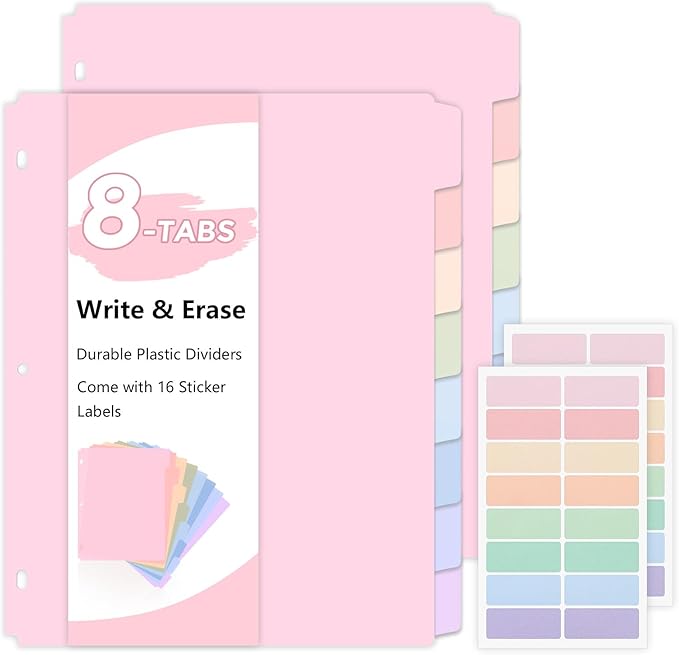 SKYDUE Durable Plastic 8-Tab Dividers, Big Tab Dividers for 3 Ring Binder, Write&Erase 3 Ring Binder Dividers with Tabs, with Sticker Labels
