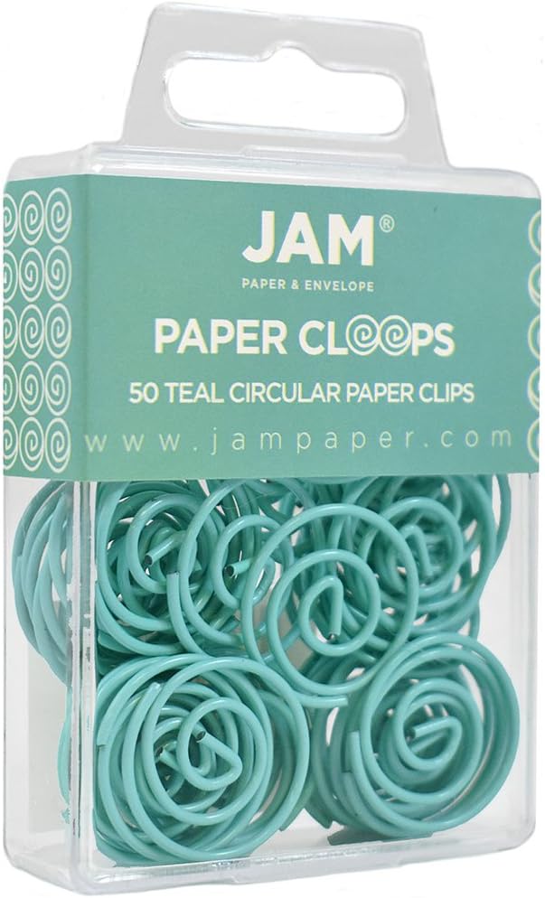 JAM PAPER Circular Paper Clips - Round Paperclips - Teal - 50/Pack