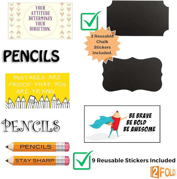 2Fold Pencil Dispenser for Classroom - Stainless Steel Bulk Pencil Holder for Desk - Includes Removable Label Stickers - Teacher Must Haves for Organization - Holds up to 200 Pencils (Silver)