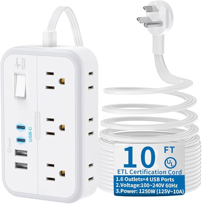 10 ft Flat Extension Cord, Flat Plug Surge Protector Power Strip with 6 Outlets 4 USB Ports, Wall Mounted Outlet Extender, Overload Protection for Indoor, Home, Office Supplies, Dorm Room Essentials
