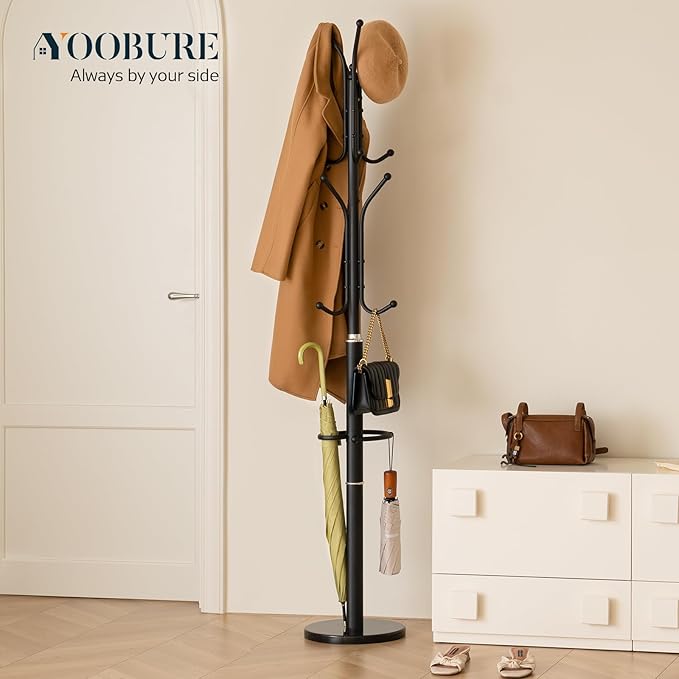 Yoobure Metal Coat Rack Freestanding with Marble Base, Coat Tree with 12 Hooks & Umbrella Holder, Coat Hanger Stand for Corner Entryway Bedroom Office, Heavy Duty Coat Rack Stand for Clothes Hats Bags