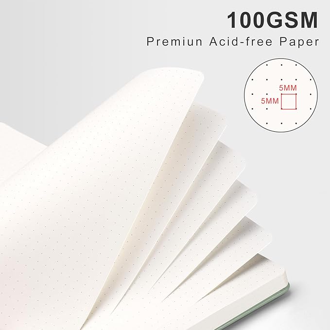 AHGXG Bullet Dotted Journal Spiral Notebook, Large B5 Dotted Notebook 140 Pages, Leather Hardcover, 100 GSM Thick Dot Grid Paper, Inner Pocket, for Bullet Journaling, 7.6" x 10", Sage Green