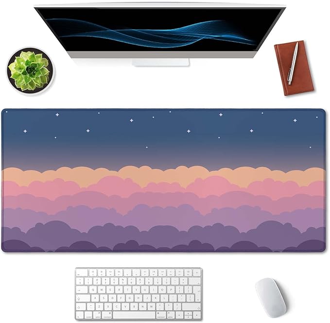 SSOIU Cute Clouds Purple Desk Mat, Extra Large XXL Gaming Mouse Pad 35.5" X 15.7", Waterproof with Stitched Edges