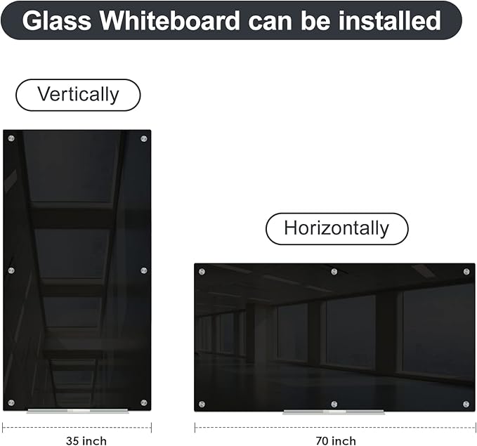J&J worldwide Magnetic Black Glass Whiteboard 6' x 3', 70 x 35 Inches Large Frameless White Boards for Walls, Large Dry Erase Board for Office, Home, School