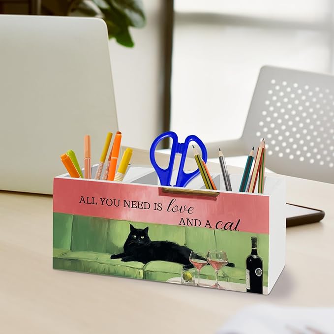 Funny Black Cat Cocktail Pen Pencil Holder Organizer for Desk Accessories, Trendy Whimsical Kitten Martini Wooden Box Sign Desk Decor for Office Decoration, Black Cat Gifts