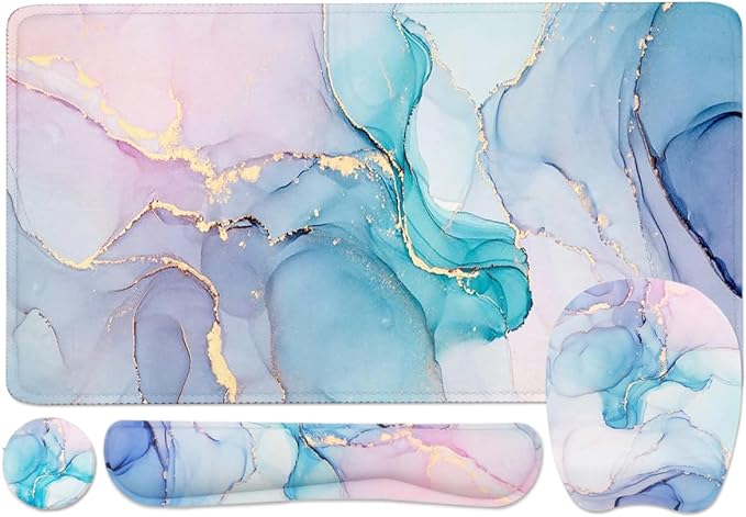 Keyboard Wrist Rest Large Mouse Pad Wrist Support for Computer, 4 in 1 Memory Foam Keyboard Pad Desk Mat Ergonomic Hand Rest Wrist Cushion for Home Office Gaming - Blue Marble