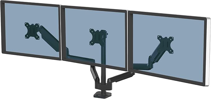 Fellowes Platinum Series Triple Monitor Arm for 27-Inch Monitors, Full Motion, 360° Rotation, VESA Mount with Grommet or Clamp, USB Ports, Ergonomic, Black, 8042601