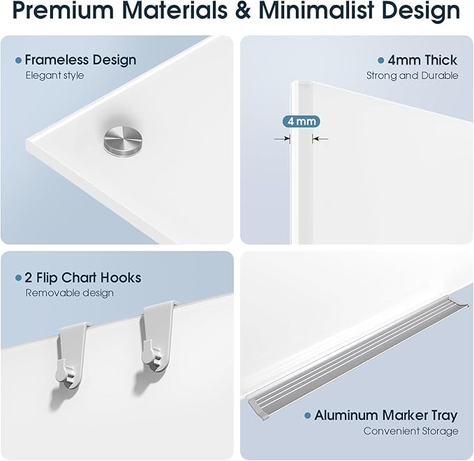 MaxGear Glass White Board 60x40 Inches Brilliance White Magnetic Dry Erase Board Wall Mounted Whiteboard, Large Frameless Whiteboard with 1 Eraser,3 Markers and 6 Magnets for Office, School, Home