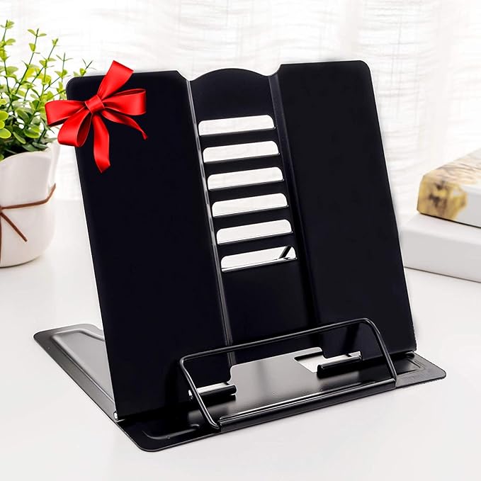 MSDADA 1PC Desk Book Stand Metal Reading Rest Book Holder Adjustable Cookbook Documents Holder Portable Sturdy Bookstands for Recipes Textbooks Tablet Music Books with Page Clips (Black)
