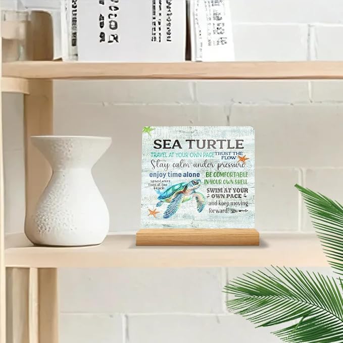 Sea Turtle Decor Desk Acrylic Sign 4x4 inch, Beach Decorations for Home Bedroom Bathroom, Inspirational Gifts for Women Men Coworkers, Mental Health Table Top Shelf Gadgets Cubicle Accessories