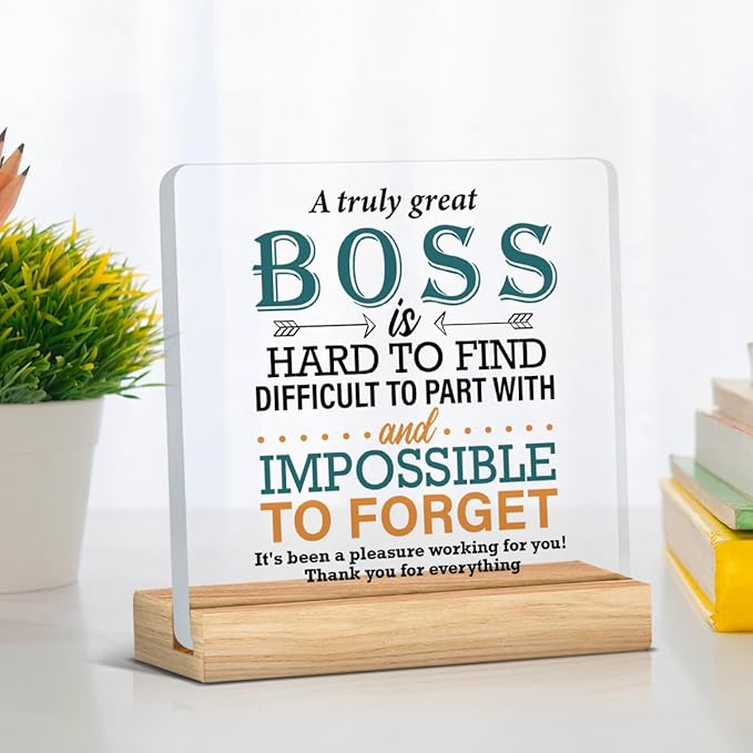 Zauly Best Boss Gifts, Acrylic Desk Sign Decor, 4 x 4 Inches, Modern, White, Brown, Inspirational