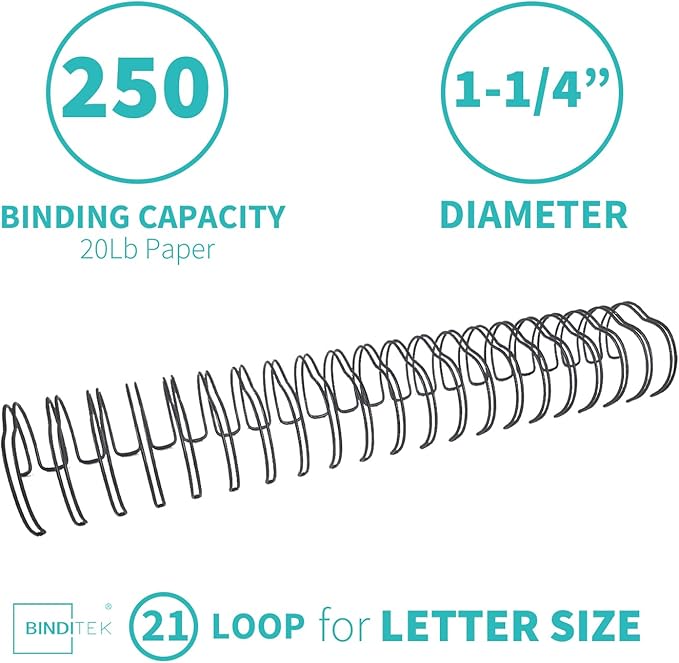 Binditek 24 Pack Double Loop Wire Binding Spines, 1-1/4 Inch Binding Wire for Letter Size, 2:1 Pitch, 250 Sheet Capacity, 21-Loop, Black, for Students and Coworkers