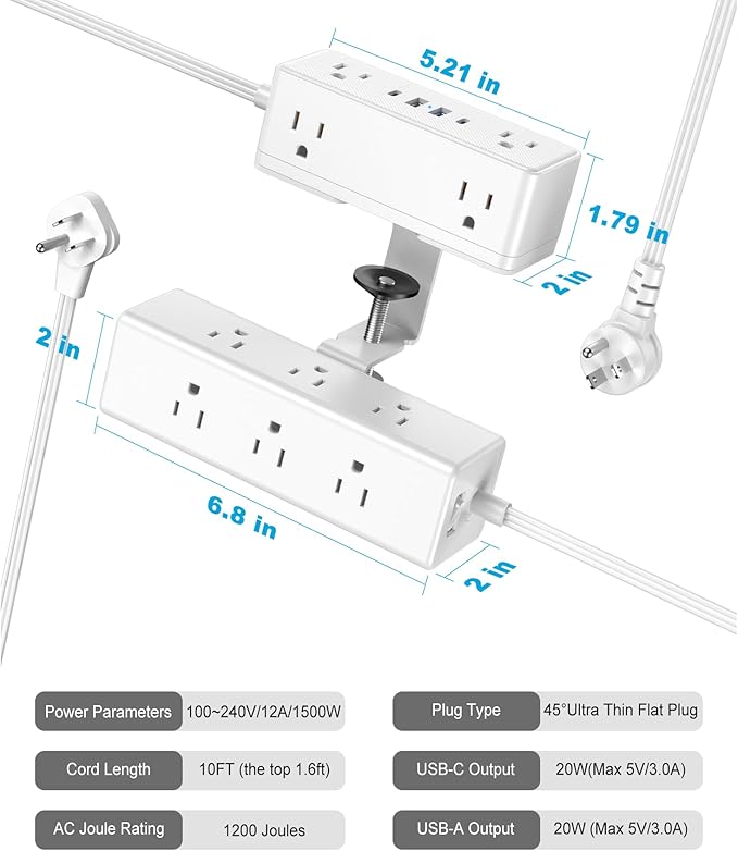 Dual Layer Desk Clamp Power Strip, Desktop Edge Mount Surge Protector with 4 USB Ports(2 USB-C) & 15 AC Outlets, Ultra Thin Flat Plug & 10FT Power Cord for Office Home(ETL Listed)