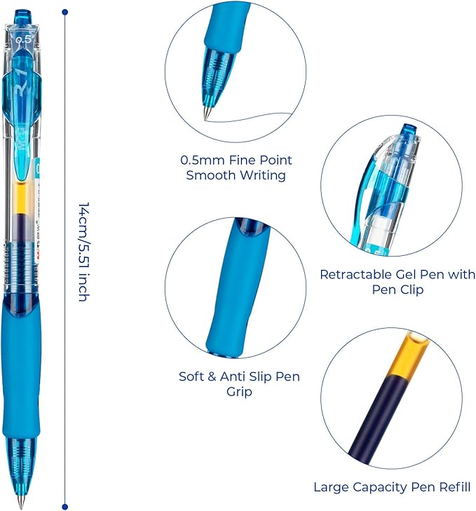 M&G 12Pcs Gel Pens, 0.5mm Blue Ink Gel Pens Fine Point, Quick Dry Gel Ink Pens Bulk Smooth Writing with Soft Anti-Slip Grip Retractable Design for Journaling Coloring Office Supplies School Women Men