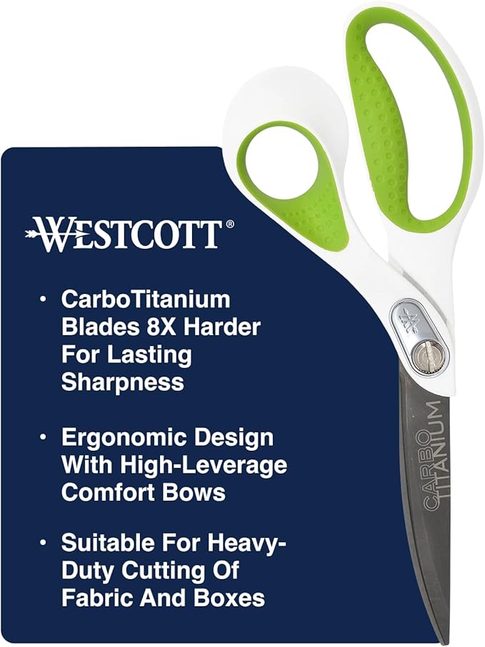 Westcott Heavy Duty CarboTitanium-Bonded 8" Bent Scissors - Durable Fabric Scissors, Ergonomic Comfort, Ideal for Crafting & Cutting Tasks