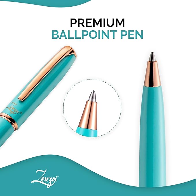 ZenZoi Turquoise Ballpoint Pen – Retractable, Executive Pen for Women w/Rose Gold Trim. Nice Writing Schmidt Ink Refills. Fancy, Luxury Pen Gift Set. Note Taking, Journaling Ball Pen