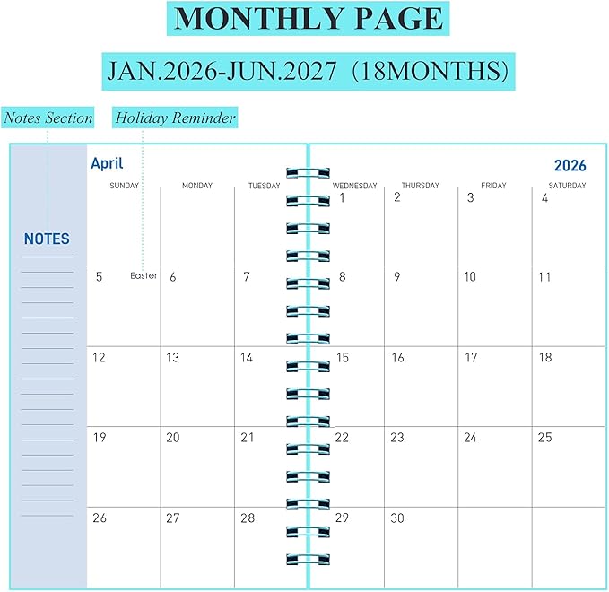 Daily Planner 2026-2027, Weekly and Monthly Planner 2026-2027 Academic Year, January 2026-June 2027 Calendar Planner, 8.2"×5.5", 18 Months, Agenda Book for Teacher, School Student(JAN.2026-JUN.2027 Light Blue)