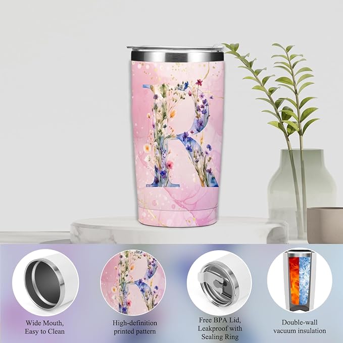 Personalized Gifts Monogrammed Birthday Gifts for Women, New Mom, Grandma Thank You Christmas, Initial 20 oz Tumbler, Makeup Cosmetic Bag Cup Pens Journal Notebook 6 Set, (Aesthetic Pink Flower R)