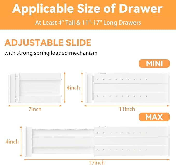 REBECAT 12 Pack Drawer Dividers for Clothes Adjustable Drawer Dividers 4" High Expandable from 11"-17" for Dresser Baby Clothes Bathroom Bedroom Kitchen and Office Storage，White