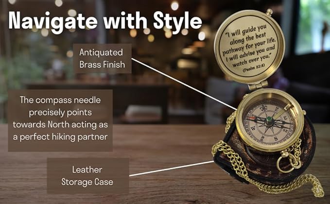 Brass Compass Engraved with Religious Scripture Verse - Ideal Gift for Son, Grandson, Daughter - Perfect for Baptism, Communion, Church and Graduation Day Present