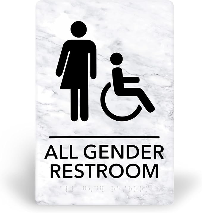 Promot All Gender Handicap Bathroom Sign – ADA Braille Restroom Sign for Business, Self-Adhesive, 9" x 6", Commercial Door Signage, Office Wall Decor - Marble White