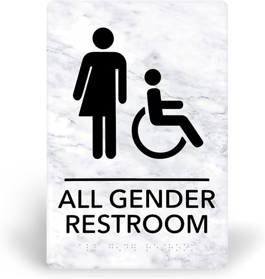 Promot All Gender Handicap Bathroom Sign – ADA Braille Restroom Sign for Business, Self-Adhesive, 9" x 6", Commercial Door Signage, Office Wall Decor - Marble White