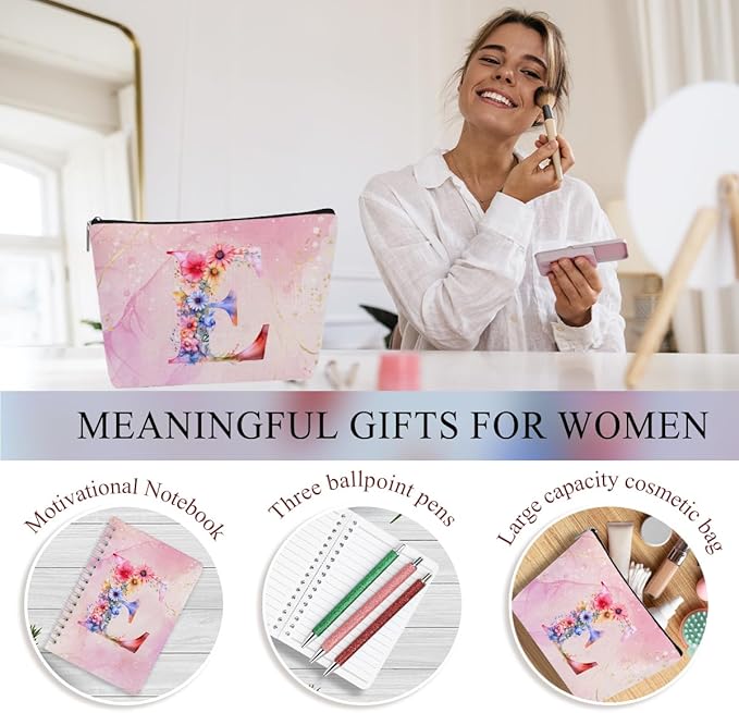 Personalized Gifts Monogrammed Birthday Gifts for Women, Daughter Bestie Friendship Christmas Initial 20 oz Tumbler, Makeup Bag Cup Ballpoint Pens Journal Notebook 6 Set, (Aesthetic Pink Flower E)