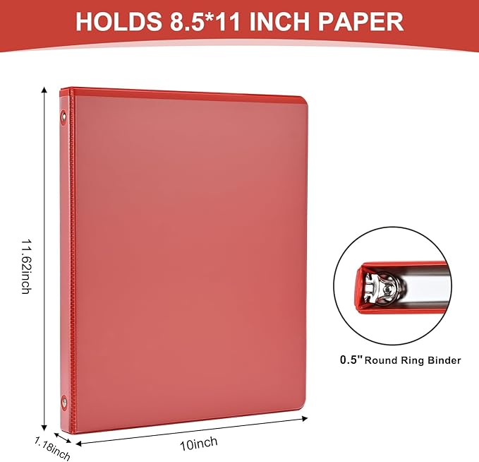 1/2 inch 3-Ring Binder, 0.5-inch Round Ring Binder with 2 Inside Pockets, Clear View Cover Binders Holds 8.5'' x 11''Paper for Office/Home/School Supply, 6 Pack (Assorted 6 Colors)
