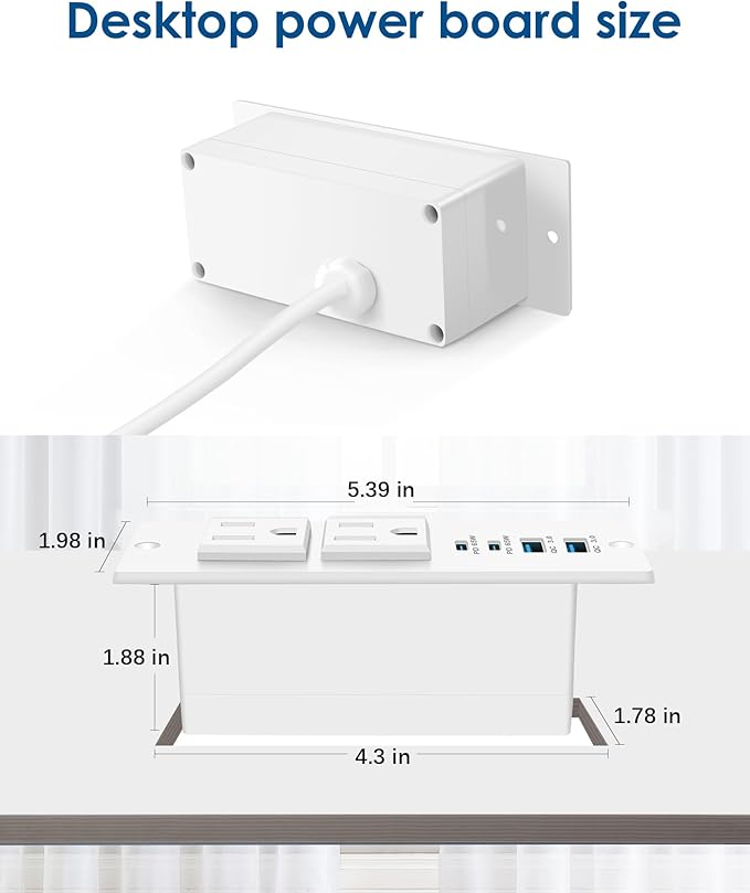 Recessed Power Strip Fast Charging Station 2 PD 65W USB C, Flush Mount Countertop Drawer Outlet, Furniture Hidden Charging Station for Side Table, End Table,2 AC Outlets (White, 6 FT Cable)