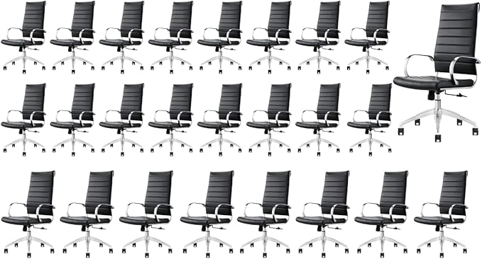 Ribbed Desk Chair - Lumbar Support, Modern Style Executive Chair for Home and Office - 360 Swivel Rolling Wheels - Aluminum Chrome Frame & Base (Black & Chrome High Back, Pack of 25)