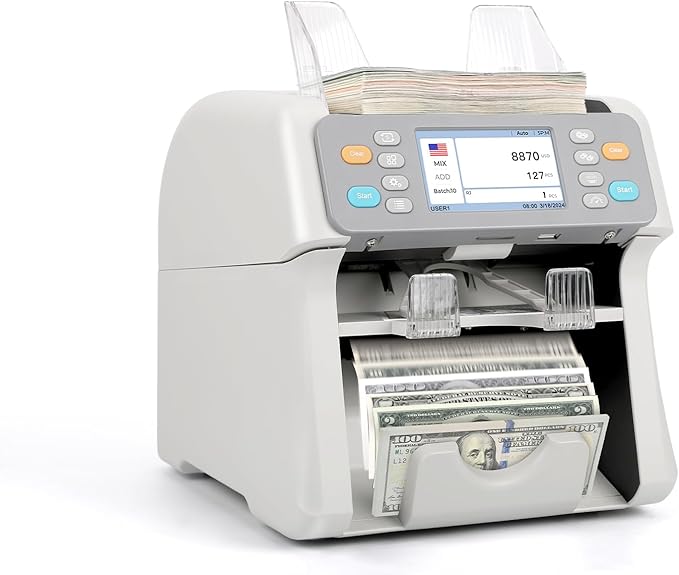 RIBAO MC-165 Two-Pocket Mixed Denomination Money Counter Machine, Value Counting, White Bill Counter Multi Currency, CIS/UV/MG/IR Counterfeit Detection for Business