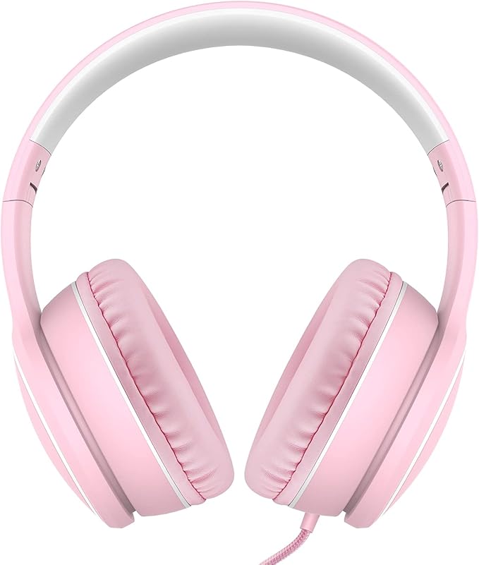 RORSOU R10 Over-Ear Headphones with Microphone, Lightweight Folding Stereo Bass Headset with 1.5M No-Tangle Cord, Portable Wired Headphones for Smartphone Tablet Computer MP3 / 4 (Pink)